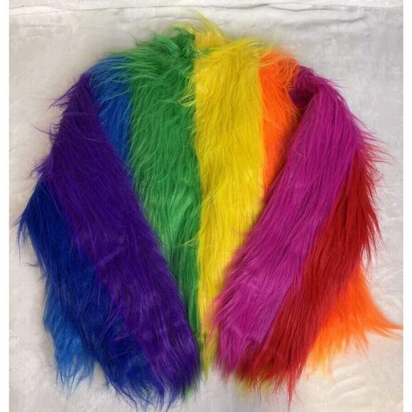 Club Exx Live Out Loud Faux Fur Coat Unisex Pride Jacket SM/MED Rainbow Gay - Picture 2 of 6